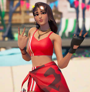 穿著紅色運動服的動畫女性做出搖滾手勢。 — Fortnite 造型 壁紙
