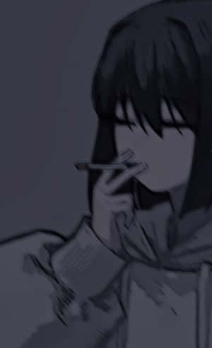 穿著連帽衫的動漫女孩在昏暗光線中拿著香煙。