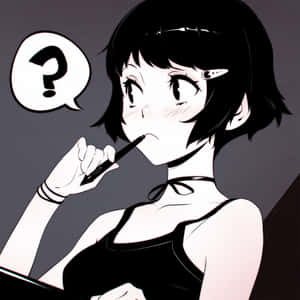 動畫女孩將筆放在唇邊，帶問號對話氣泡