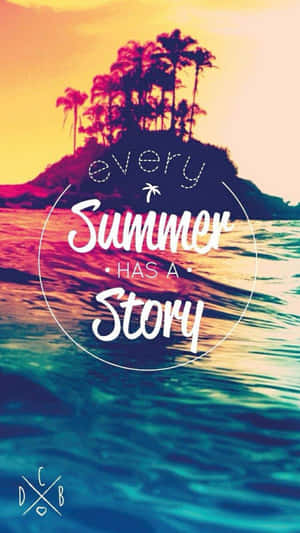 日落時分海洋上的熱帶島嶼，棕櫚樹，文字 every summer has a story