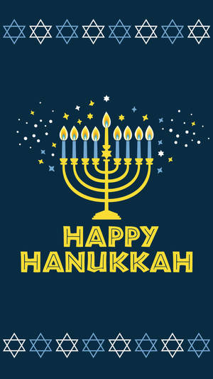 金色燭台，點燃的蠟燭，藍色背景上帶有星星和 happy hanukkah 文字。 — 慶祝 壁紙