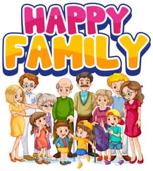 一個快樂的各年齡層卡通家庭在「HAPPY FAMILY」文字下一起擺姿勢。 — 可愛卡通 壁紙
