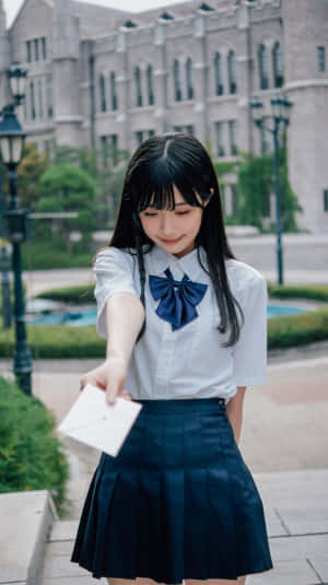 一個穿著校服的年輕女孩在戶外靠近石建築的地方遞出一個信封。