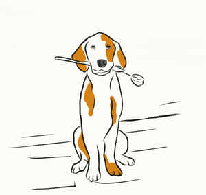 一隻有橙色斑點嘅卡通比高犬，坐喺度咬住一朵鬱金香。