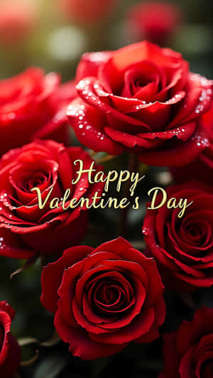 帶有露珠和金色Happy Valentine's Day文字的紅玫瑰 — 愛心 壁紙