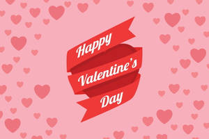 紅色絲帶橫幅，寫有Happy Valentine's Day，周圍環繞粉紅心形。