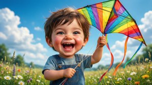 一個微笑的幼兒在藍天下的一片野花田中拿著彩色風箏。