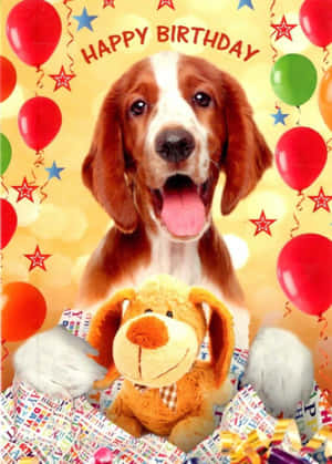 生日卡， featuring 比格犬幼犬、毛絨玩具和氣球。