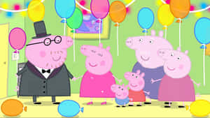Peppa Pig 一家在生日派對上微笑，周圍有彩色氣球。