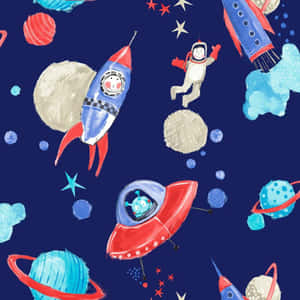 一幅孩子氣的水彩太空插圖，有火箭、外星人和行星。
