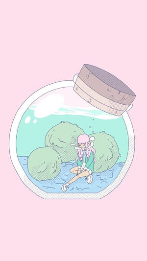 動漫女孩坐在魚缸裡，有苔蘚和氣泡，背景粉紅色