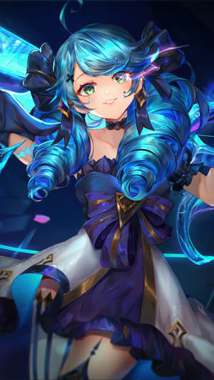 藍色頭髮和發光眼睛的動漫女孩，穿著未來風格服裝。