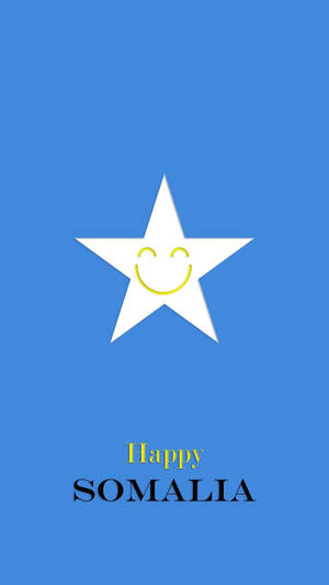 藍色背景上帶笑臉的白色星星，附有Happy SOMALIA文字。