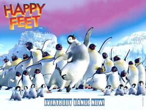 動畫企鵝在雪地上快樂跳舞，並帶有「Happy Feet」文字。