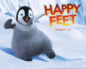 動畫企鵝寶寶在雪坡上揮手，帶有電影標題「Happy Feet」。 — 卡通鞋 壁紙