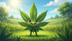 一個微笑的卡通大麻葉站在陽光下的草地上。