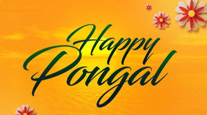 Happy Pongal 節日祝福，配有橙色日落和紙花