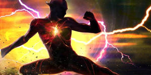 超級英雄 The Flash 在宇宙場景中奔跑，伴隨著閃電。