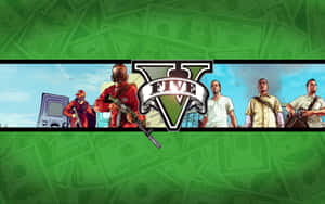 GTA V 遊戲標誌，角色手持武器，背景為綠色美元鈔票。