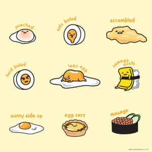 九個 Gudetama 角色化身為不同類型的蛋，包括水煮蛋和壽司。