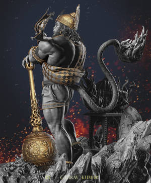 猴神雕像，身穿金色盔甲，手持火焰蛇，在岩石地形上握著華麗的狼牙棒。