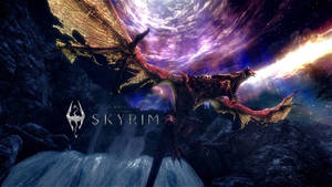 喺Skyrim，一條龍喺星空宇宙天空下飛過瀑布。