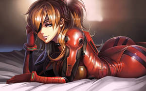 動漫女孩著住紅色裝甲服躺喺白色表面上，有一個眼罩。 — 可愛動漫女仔 壁紙