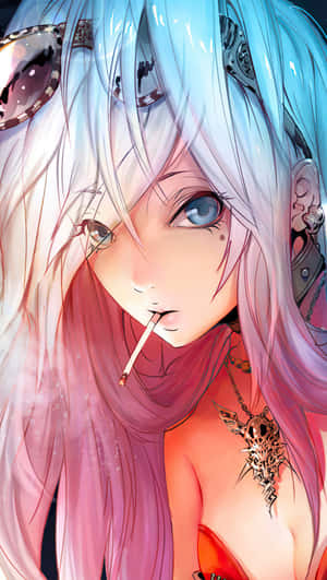 藍粉髮色的動漫少女戴著太陽眼鏡和尖刺項鍊抽煙。