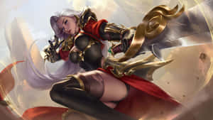 身穿金色鎧甲的動漫女戰士，在戰鬥中揮舞著發光的劍。