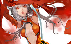 動漫女孩銀色頭髮狐狸耳朵紅色服裝紅色旋轉背景 — 可愛動漫女仔 壁紙