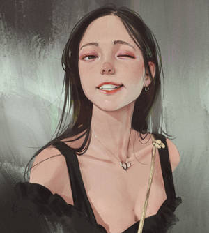 一位微笑的深色頭髮女子戴著心形項鍊，背景為灰色。 — 微笑 壁紙