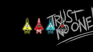 四個發光的三角形角色，有眼睛和蝴蝶結，在文字「TRUST NO ONE」旁邊。