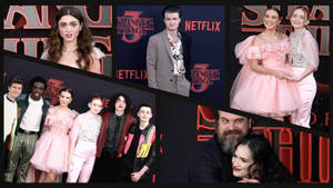《怪奇物語》演員在 Netflix 活動中於紅色品牌背景前擺姿勢。
