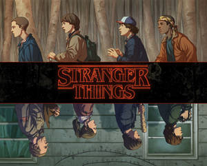 四個男孩在森林中行走，帶有倒置的倒影和發光的 Stranger Things 標誌。