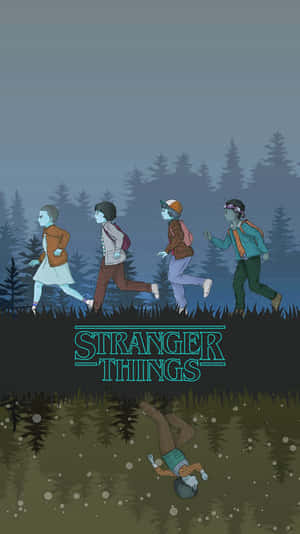 四個小孩喺森林入面奔跑，另一個小孩倒吊住，有Stranger Things標誌。