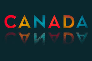在深藍綠色背景上，帶有紋理反射的粗體彩色CANADA文字。