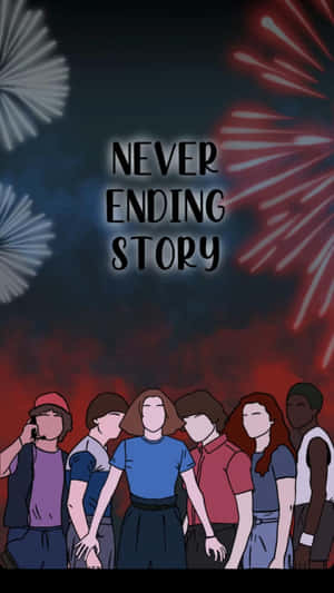 六個朋友在煙火下手牽手，上方有文字「Never Ending Story」。