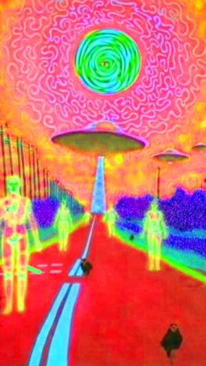 人們沿著發光的道路走向懸浮的UFO，背景是旋轉的霓虹天空。