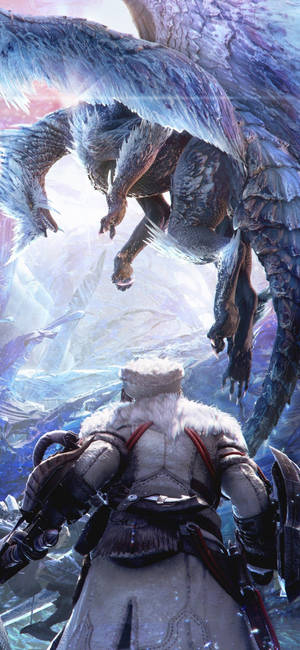 冬季裝備的獵人在冰天雪地中對抗巨型有翼龍。