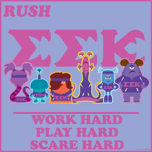 六個卡通怪物穿著Sigma Chi裝備，帶有'Rush'和'Work Hard Play Hard Scare Hard'文字。