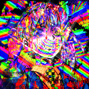 數位藝術風格中帶有 glitch 效果的動漫女孩，彩虹頭髮和扭曲的臉。