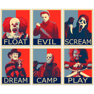 六個恐怖電影反派在風格化海報中，文字為 float evil scream dream camp play。