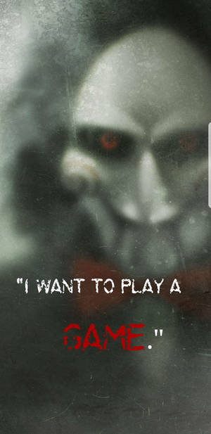 一個帶有發光紅色眼睛的鬼影，凝視著文字「I WANT TO PLAY A GAME。」
