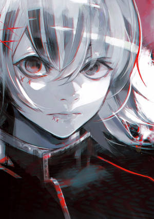 銀髮紅眼動漫少女，臉上帶有紅色條紋和標記。 — 日本龍動畫 壁紙