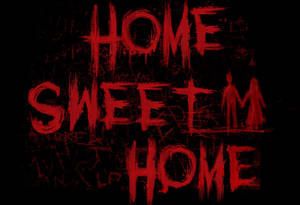 黑色背景上，紅色塗鴉文字「Home Sweet Home」帶有滴落的油漆和兩個手牽手的剪影。 — 紅色美學 壁紙