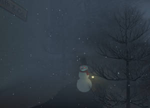 雪夜街道上發光眼睛的雪人拿著燈籠。