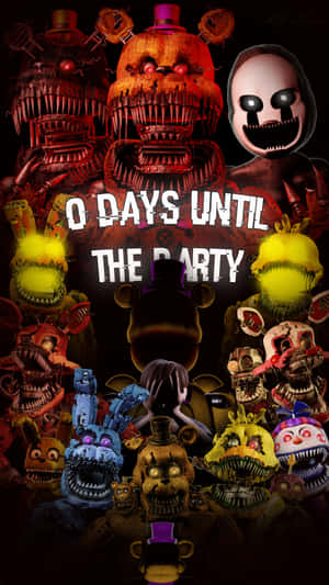 Freddy Fazbear's的電子動畫角色以發光的眼睛和鋒利的牙齒圍繞著「距離派對還有0天」的文字。