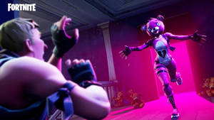 Fortnite玩家在一個有泰迪熊的霓虹房間中與紫色熊對峙。