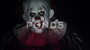 一個在黑暗環境中，擁有發光黃色眼睛和紅色嘴唇的可怕小丑。