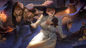 三位穿著復古連衣裙的女性在燭光房間中施展魔法。